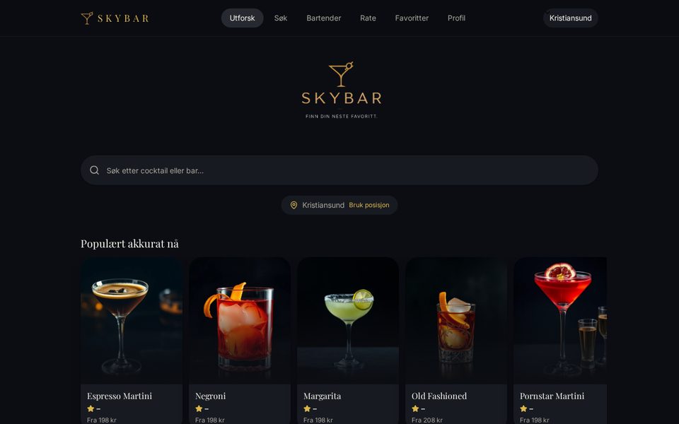 Skjermbilde av nettsiden til Skybar